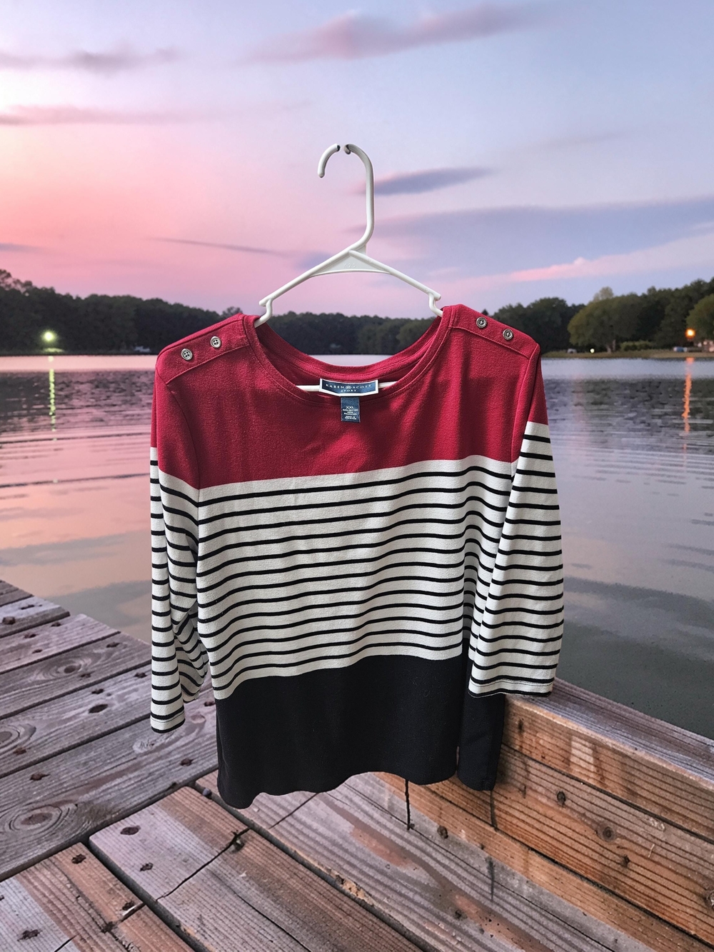 Karen Scott Nautica Red, White & Blue Striped Button Shoulder Sweater